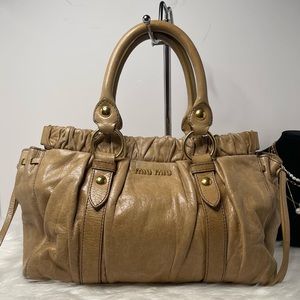 Authentic MiuMiu Nude Leather Ruched Top Handle Bag